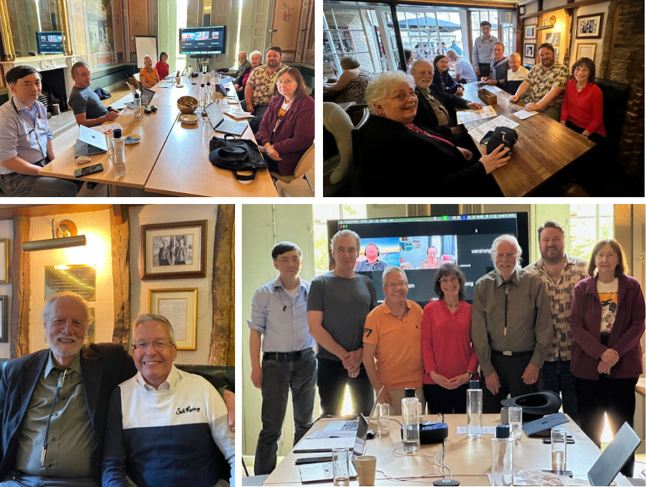 Collage of Annual Directors Meeting in Cambridge featuring: Wenzhong Xiao, David Systrom, Jonas Bergquist, Linda Tannenbaum, Ron Davis, Chris Armstrong, and Maureen Hanson. Danielle Meadows and Alain Moreau joined remotely.